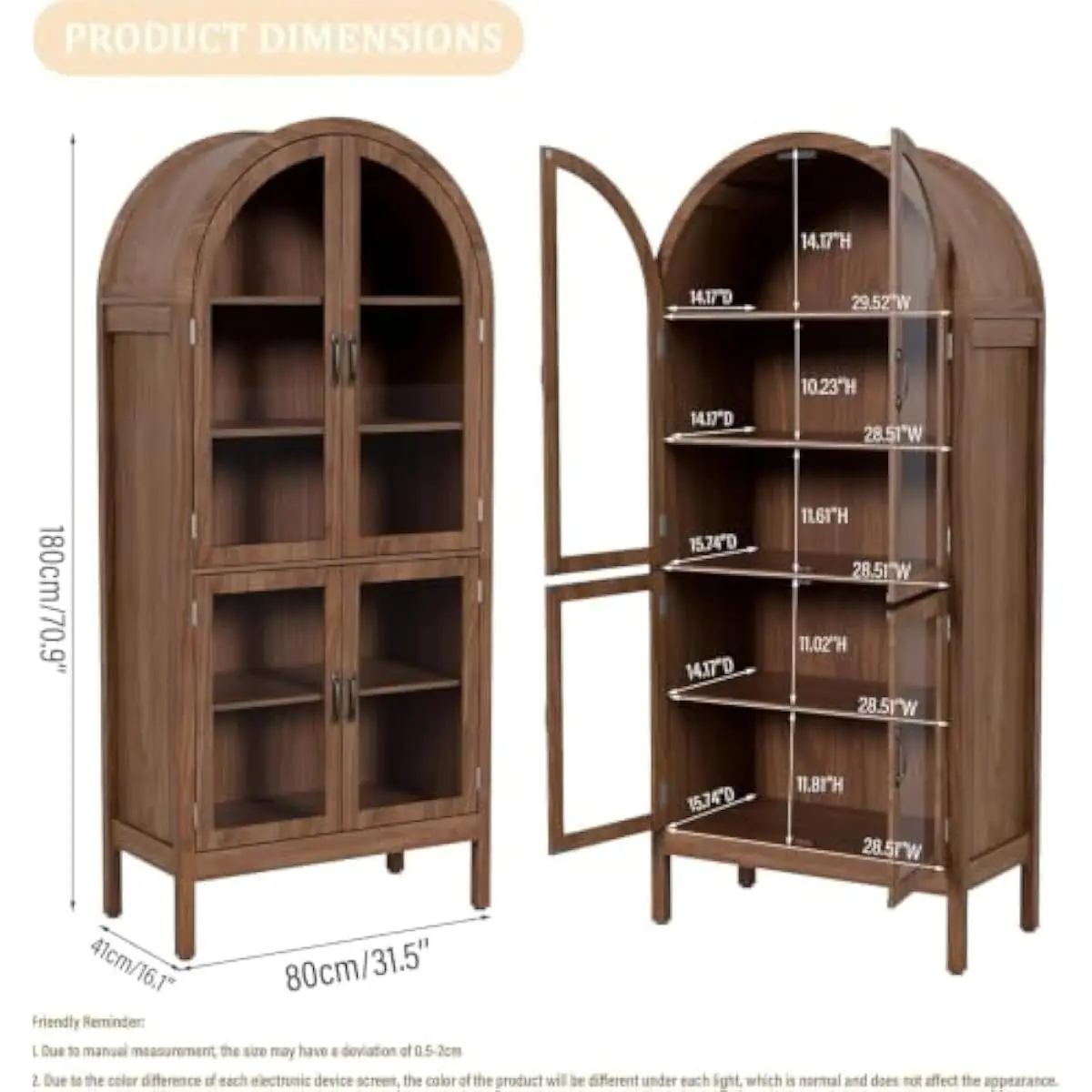 Tall Arched Curio Cabinet with Clear Acrylic Doors and Five Adjustable Shelves for Books Collectibles Dishes Storage in Walnut F