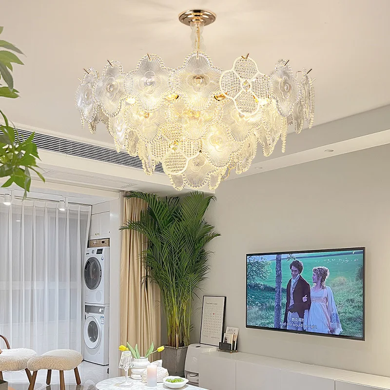 

Light Luxury Villa Living Room Chandelier Modern LED E14 Bedroom Interior Lamps French Plum Crystal Glass Dining Chandelier