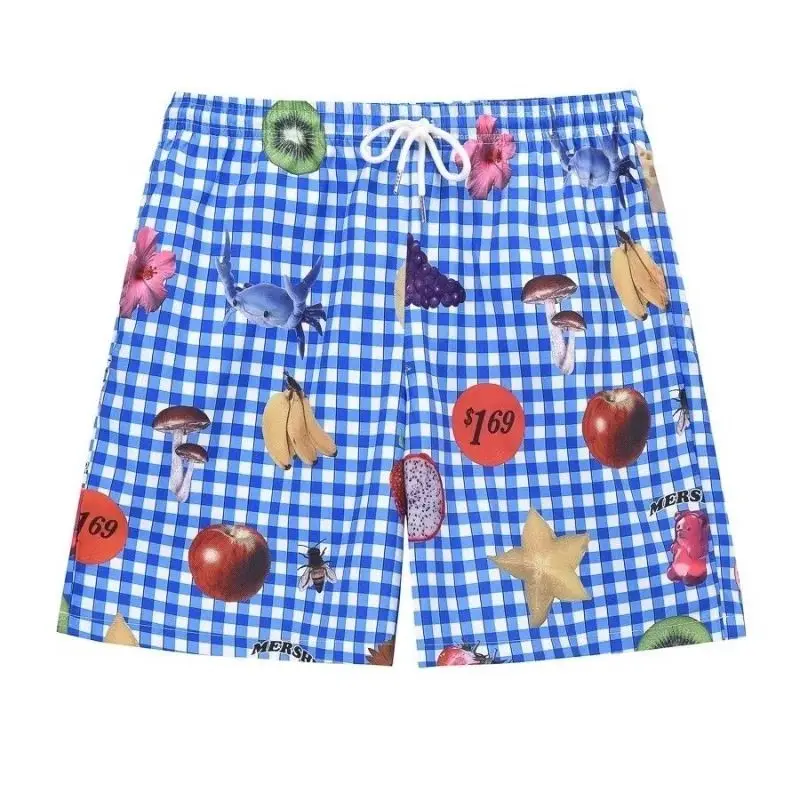 Lovely Funny Fruit Cartoon Pants Blue Gingham Beach Swim Shorts | Drawstring Elastic Waist Summer Casual Trunks Couples Harajuku