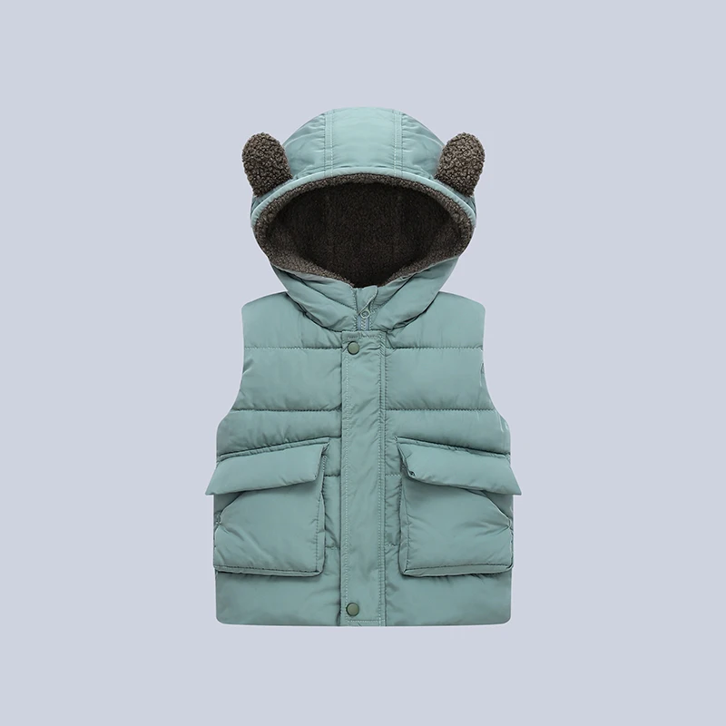 2-6 Years Autumn Winter Boys Vest Bear Ears Solid Color Keep Warm Little Princess Girls Waistcoat Hooded Boys Coat Kids Clothes