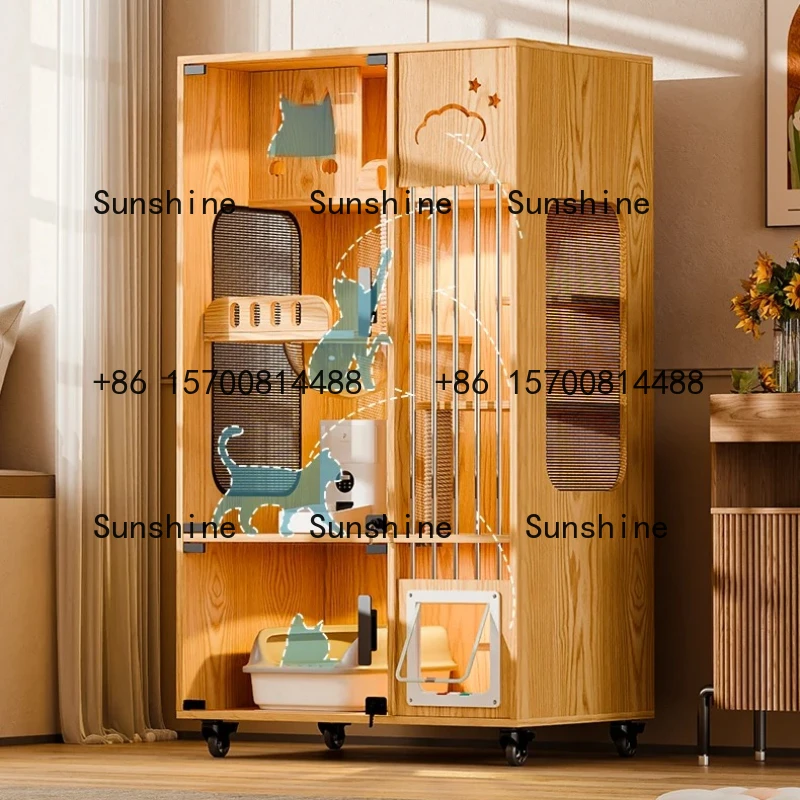 

Pine Wood Cat Villa Luxury Cat Cabinet Household Indoor Integrated New Cat House with Toilet