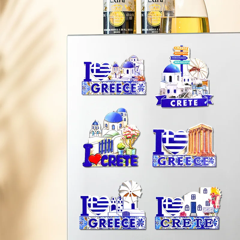 

Greek Aegean Sea Refrigerator Magnet Crete Windmill House Travel Souvenir Resin Cultural Creative Refrigerator Magnet Cross-Bord
