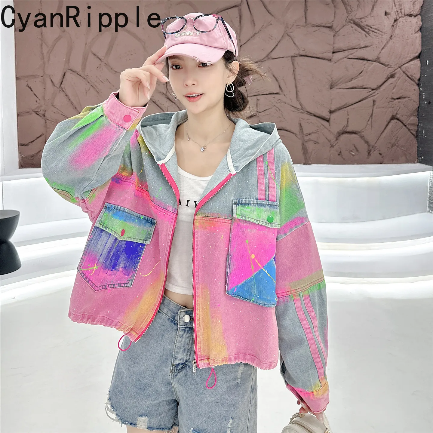 Color Blocking Tie-dye Hot Diamonds Loose Denim Cardigans Coat 2026 New Autumn All-match Long Sleeve Women Hooded Short Jacket