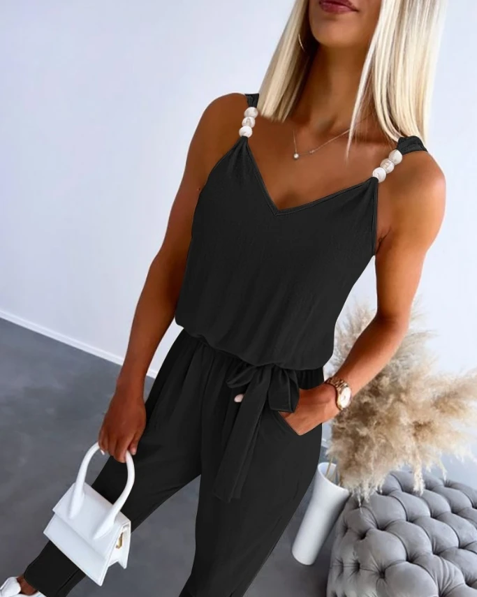 Women Casual Jumpsuit 2024 Spring Summer Latest V-Neck Pearls Decor Pocket Design Tied Detail Bodysuit Sleeveless Daily Romper