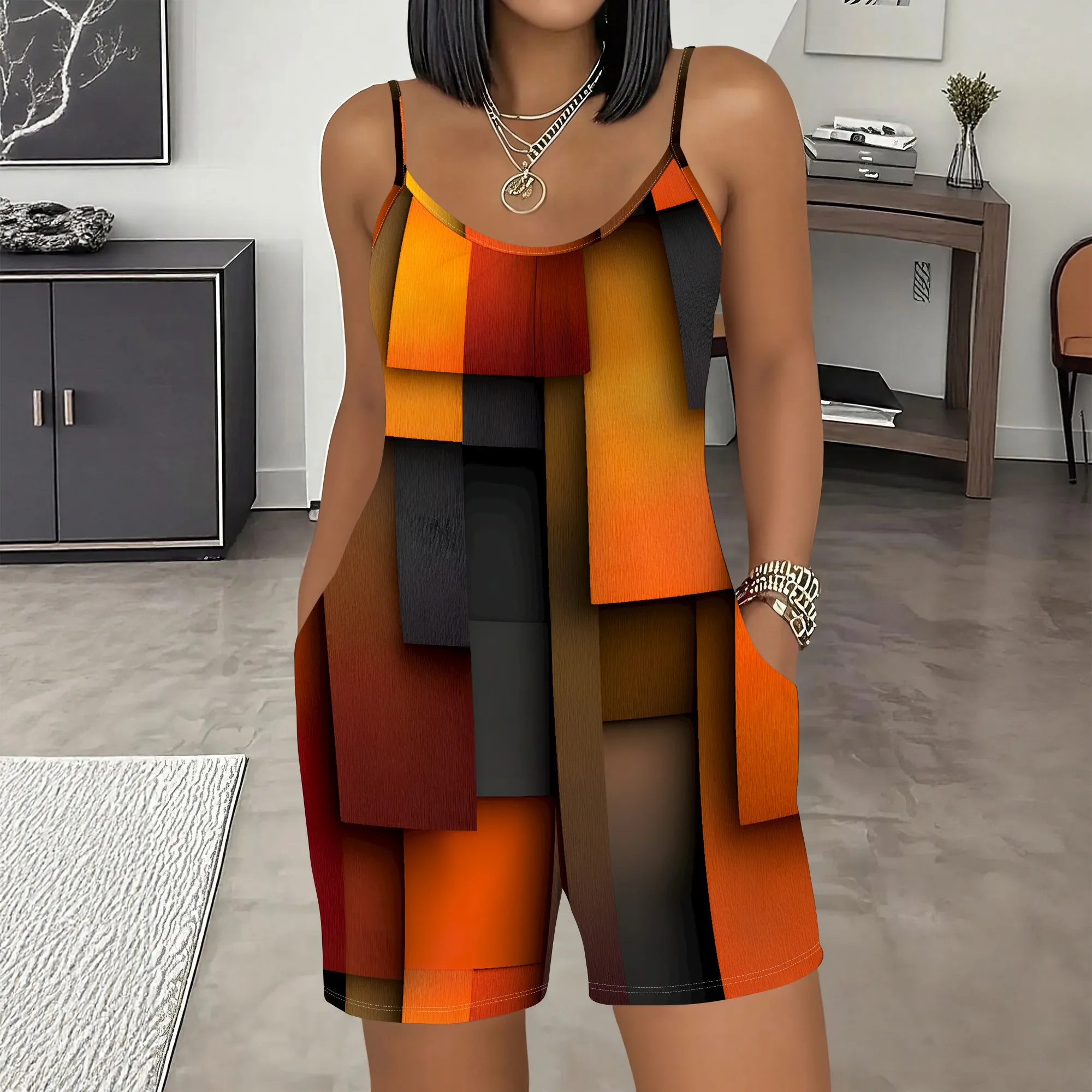 Abstract Print Jumpsuit, Orange Block Pattern Romper, Sleeveless Pocket Playsuit, Summer Beach Casual Wear, S-2XL