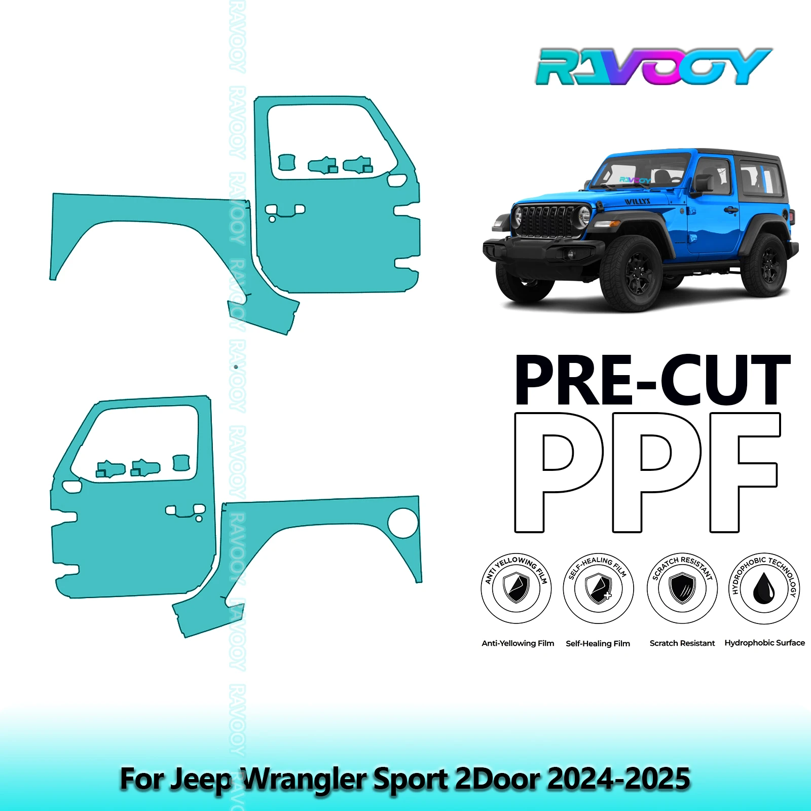 

For Jeep Wrangler Sport 2Door 2024-2025 8.5mil Clear Matte Pre-Cut PPF Door & A/B Pillar Kit TPU Paint Protection Film Set