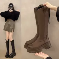 2024 New Vintage Fashionable Elegant Women's Long Boots Thick Bottom Non-Over Knee Street Style Trendy Knight Boots Rubber Leath