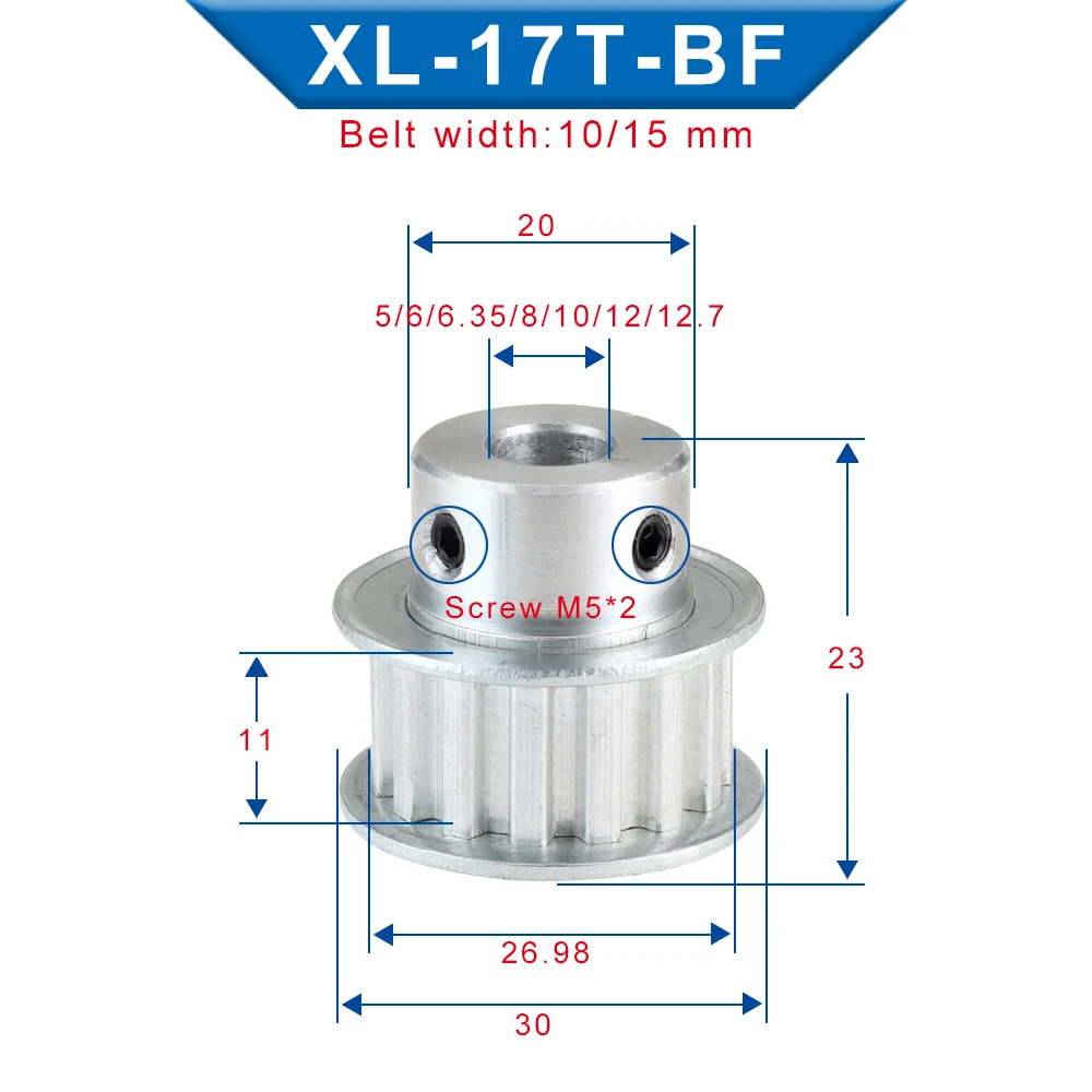 XL17T Timing Pulley Trapezoidal Tooth Bore 5/6/6.35/7/8/10/12 mm Teeth Pitch 5.08 mm Aluminum Pulley Wheel Belt Width 10/15 mm