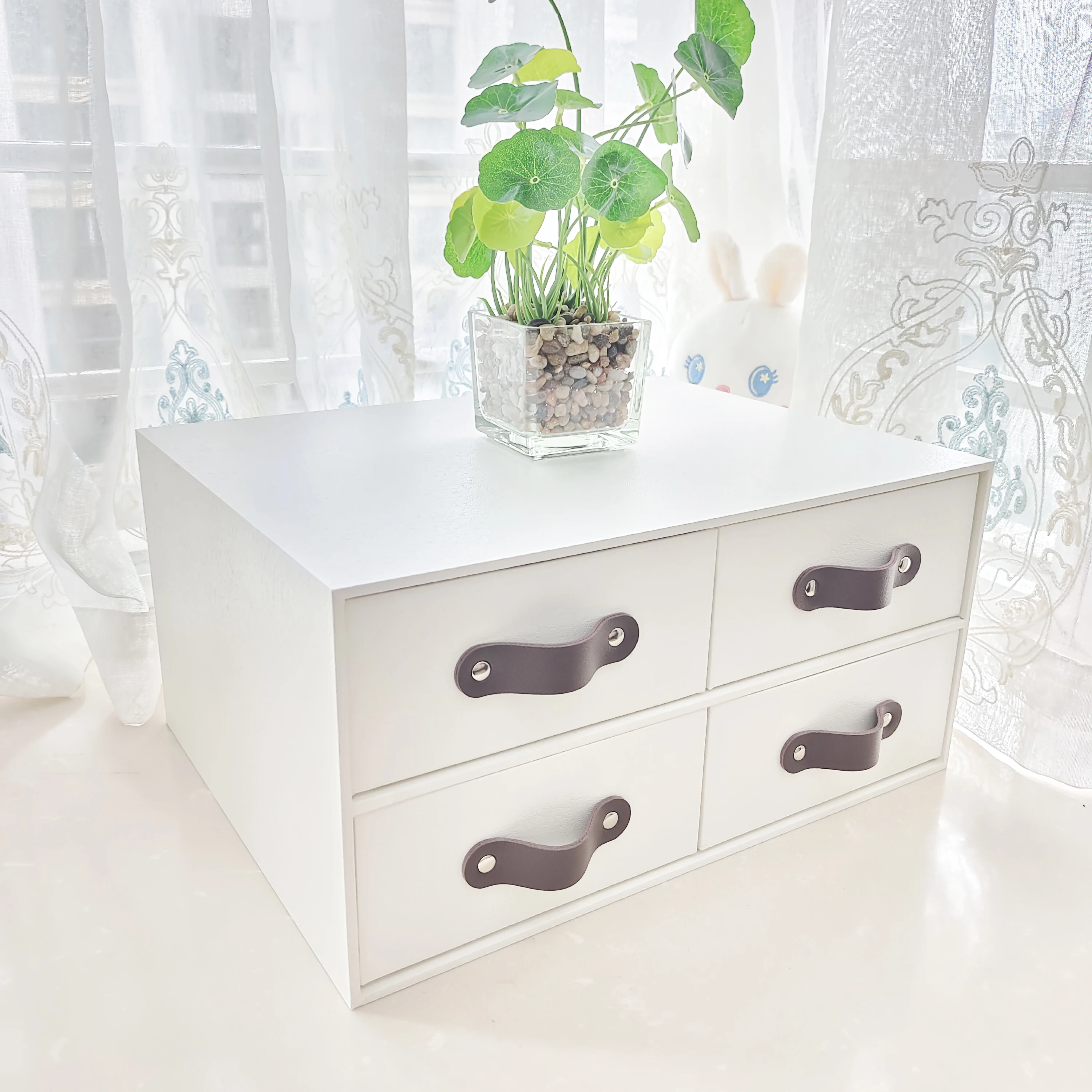 With 4 Drawers Cabinet Cardboard Office Desk Top Organizers Home Storage 2 Layers Cabinet With Leather Handles (1PC)