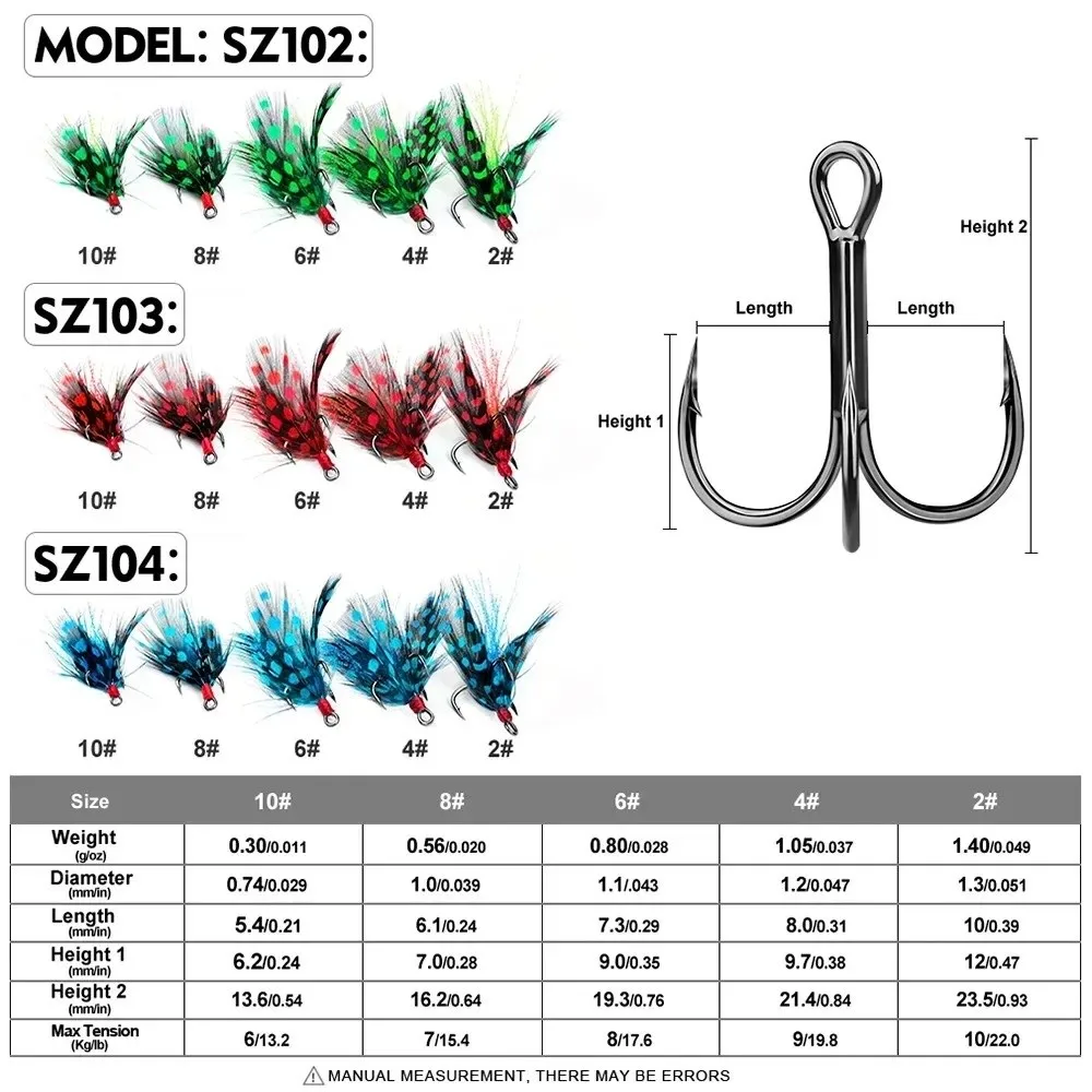 

6#-10# Size Sharp Treble Hooks Barbed Feature Strength Design Carbon Steel Fishhooks Carbon Steel Material Feather Decoration