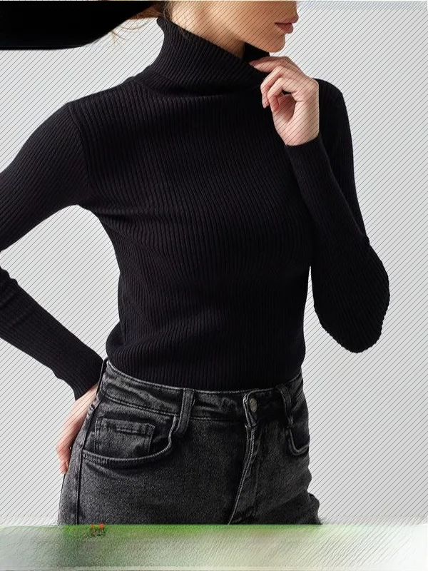 

High Ne Knitted Sweater Color Pullover Base irt Sweet Sle Straight Tube Long Sve Thin Autumn Faion Women's Top