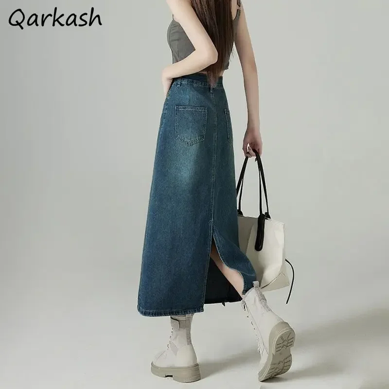 Denim Skirts Women Midi Back-slit Vintage Loose Streetwear Chic A-line Temper Casual Korean Style Females Spring Faldas Simple