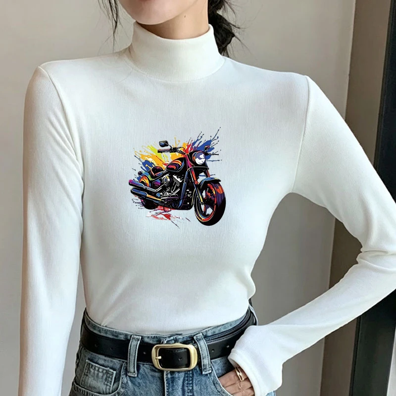 Winter Women's Thermal Brushed Fleece Half Mock Neck Long Sleeve T Shirt Colorful Motorcycle Splash Graphic Warm Tee