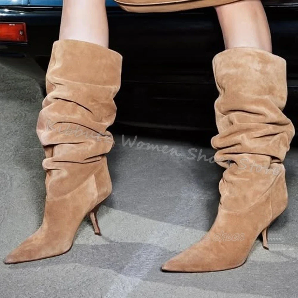 

Suede Pleated Knee High Boots Slip-On Solid Color Fashion Elegant Luxury Sexy Concise Women Shoes New Thin Heels Pointy Leopard