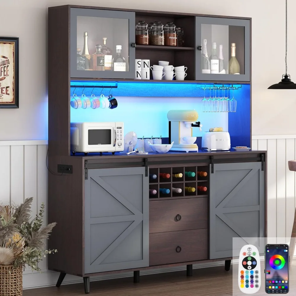 

Wine Cabinet, Outlet, 6000-color LED Light, Sliding Barn Door, 8 Adjustable Shelves, 10 Wine & Glasses Rack, 5 Hook, Bar Cabinet