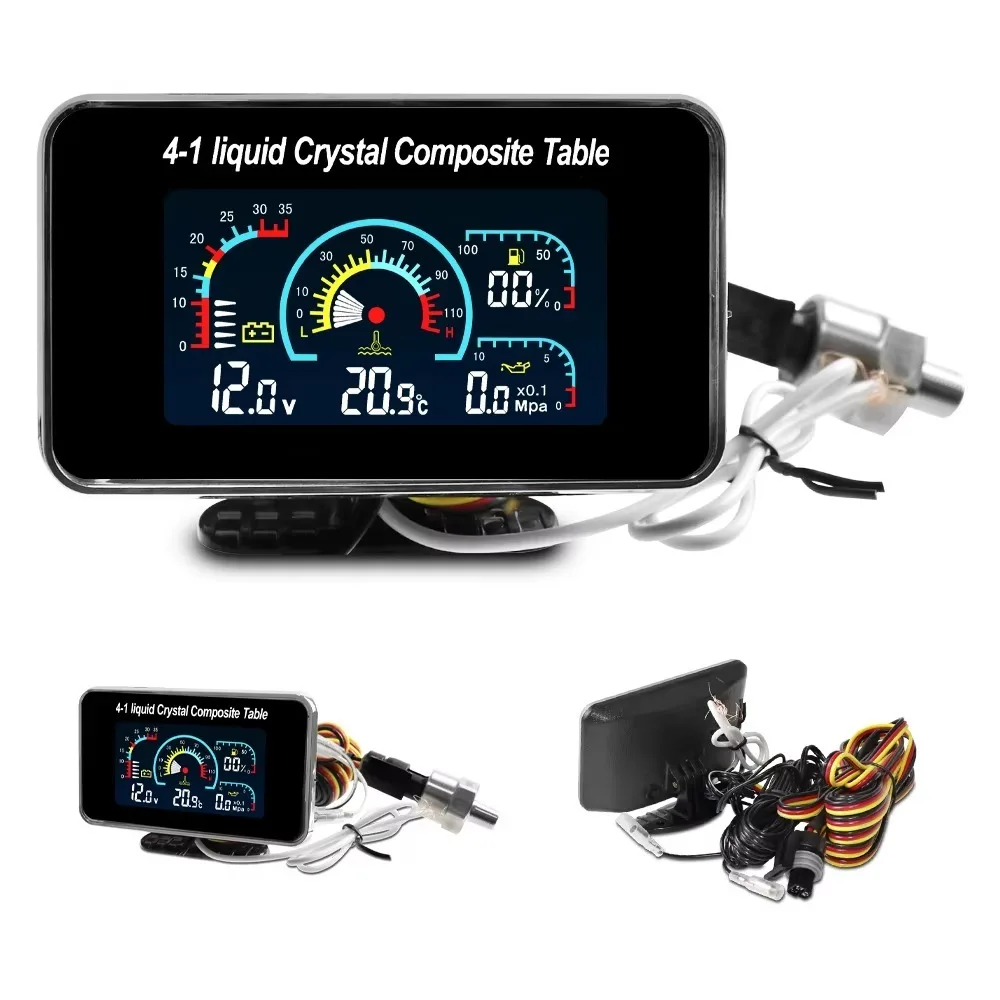 Car Gauge 4 in 1 LCD Car Digital Gauge Voltmeter Oil Pressure Fuel Level Water Temp 12-24V for Camper Universal Car Dashboard