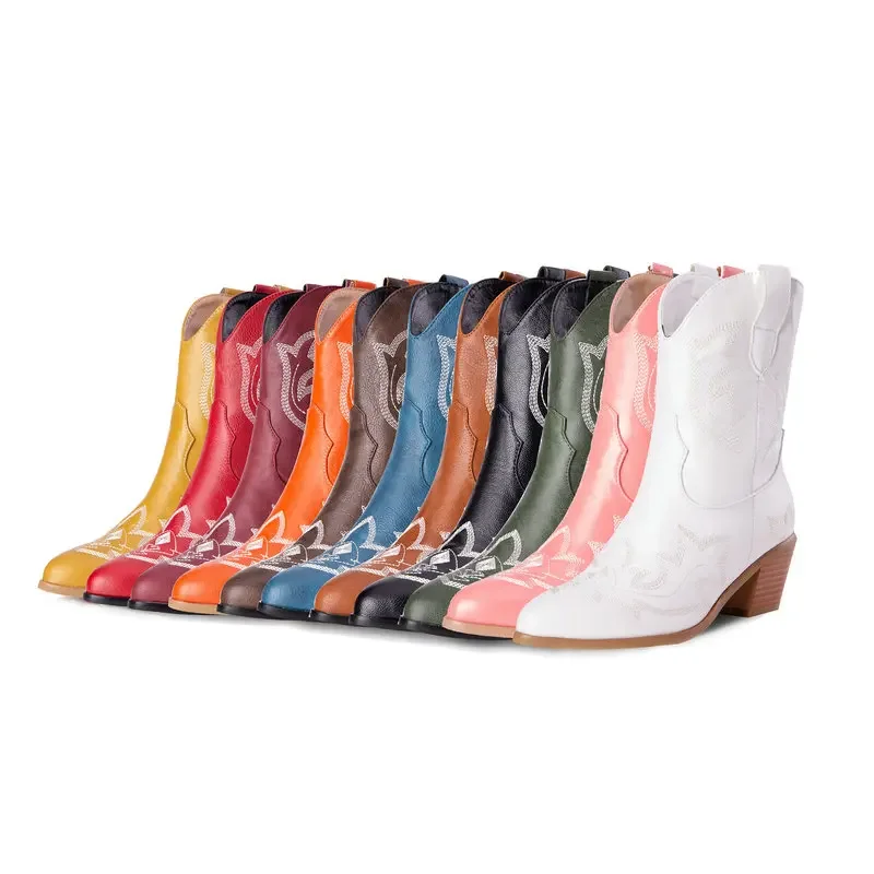 

Trend Extra Large Size 32-54 Bright Orange Color Embroider Western Cowboy Shoes Chunky High Heels Winter Warm Ankle Women Boots