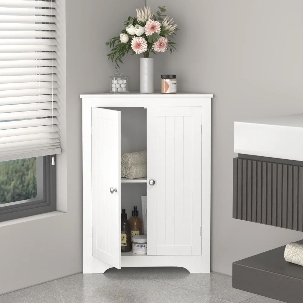 Orraves Floor Corner Cabinet with 2 Doors and Adjustable Shelves, Freestanding Narrow Cabinet Organizer, Corner Storage Cabinets for Bathroom, Kitchen, Living Room, or Bedroom, White