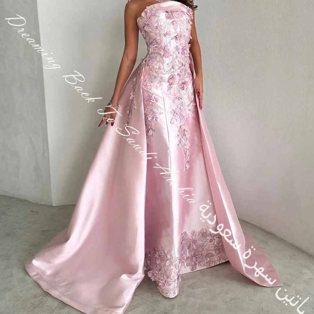 Customized Exquisite Boat Neck Satin Sleeveless A-Line Evening Dress Crystal Panel Train Pleats Flowers Photo Color Floor Length