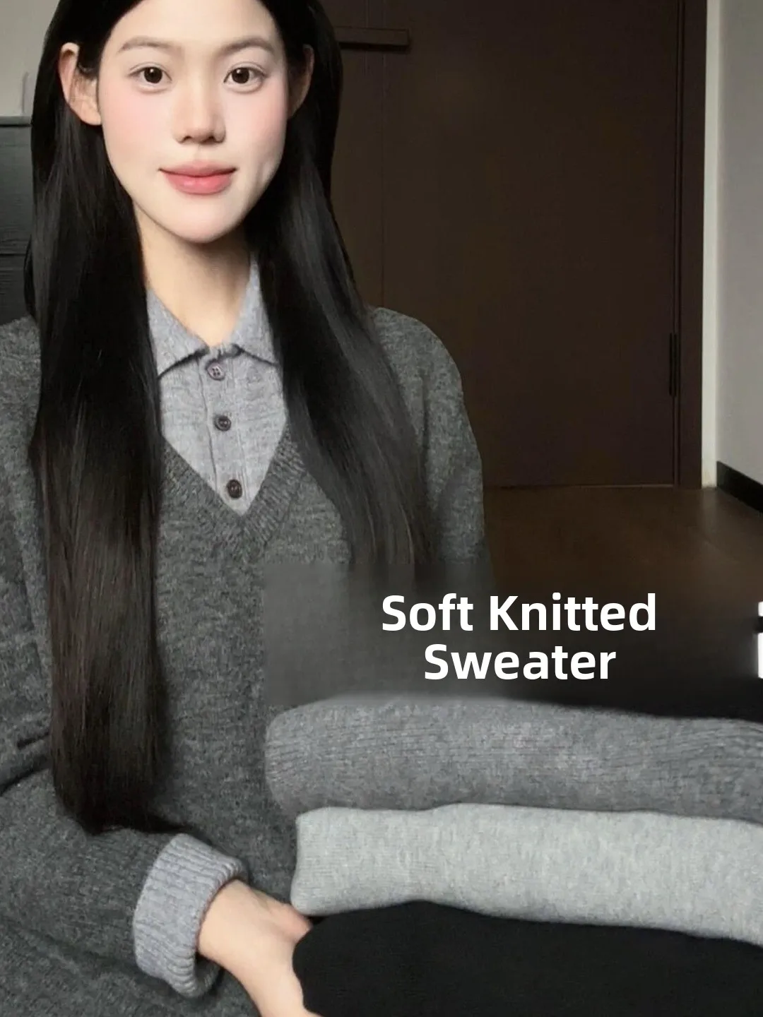 

Women's Loose Fit Neck Knitted Sweater Soft Splice Casual Style Long Sleeve Autumn Winter Fashion Comfortable Top