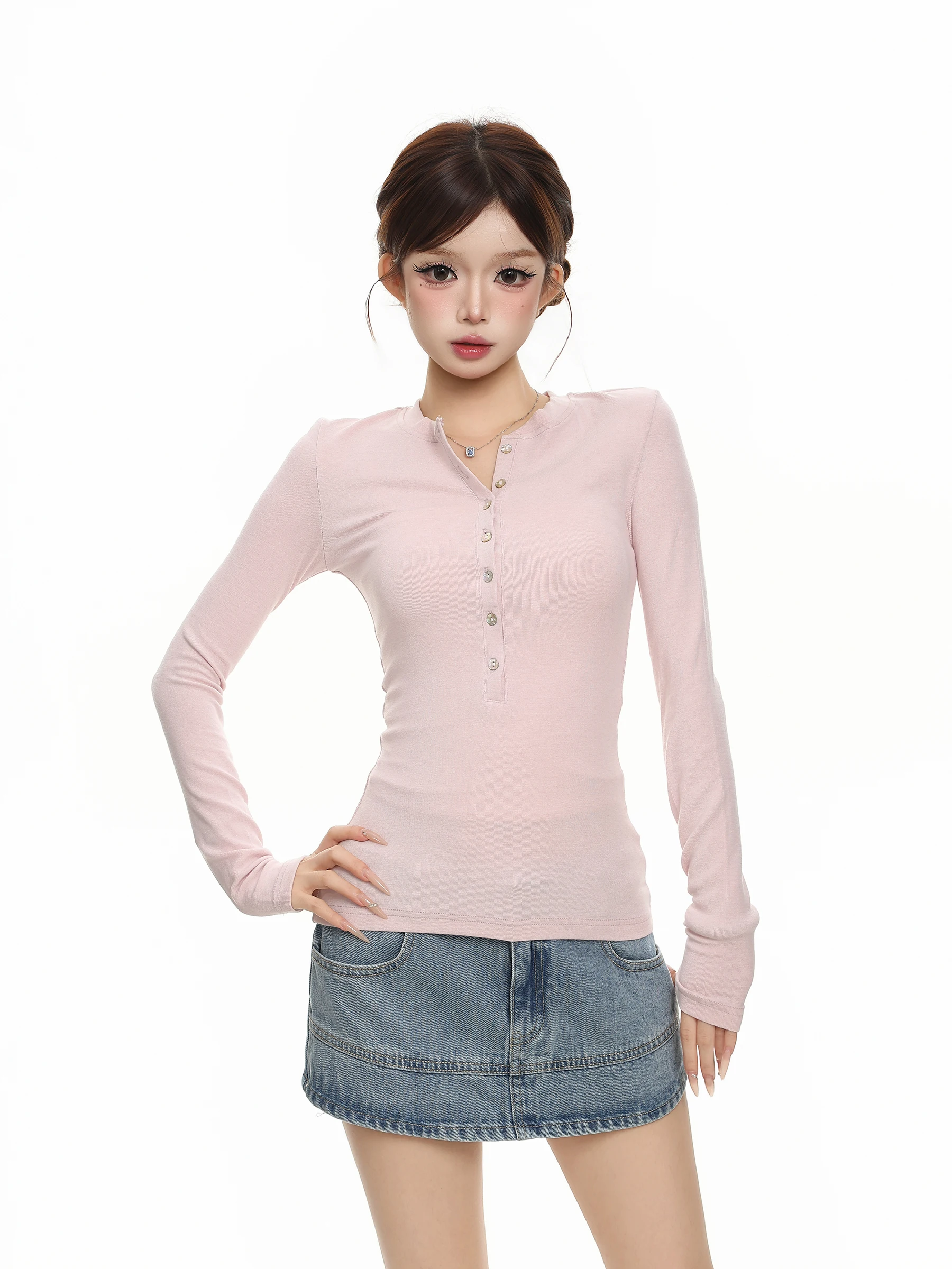 Slim Fit Long Sleeve Henry Collar T-Shirt Women's Autumn Base Layer Shirt Top BASTERDS Pure Desire Casual Style Creative Pattern