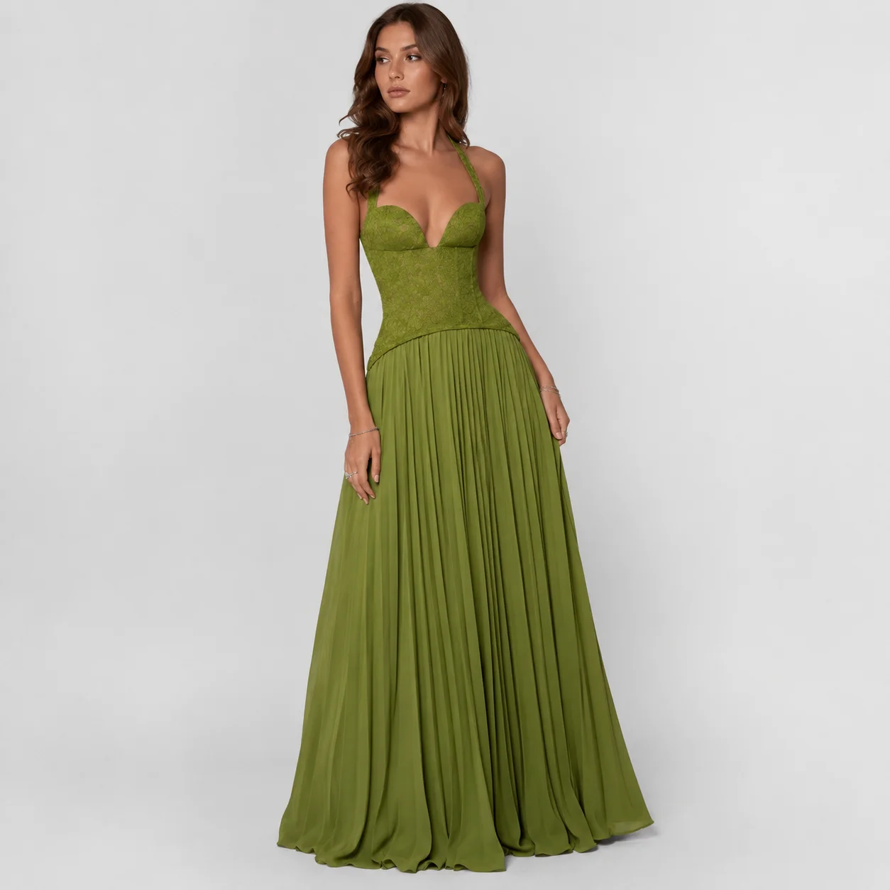 

Olive Green Halter Maxi Dress for Women Lace Corset Top Pleated Floor-Length Gown Evening Party Prom Formal Dress