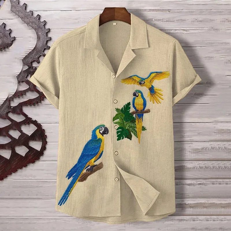 Summer Men's Linen Shirt Parrot 3D Printed Short Sleeve Lapel Shirt Fashion Casual Shirt Oversized Men's Short Sleeve Shirt 5XL