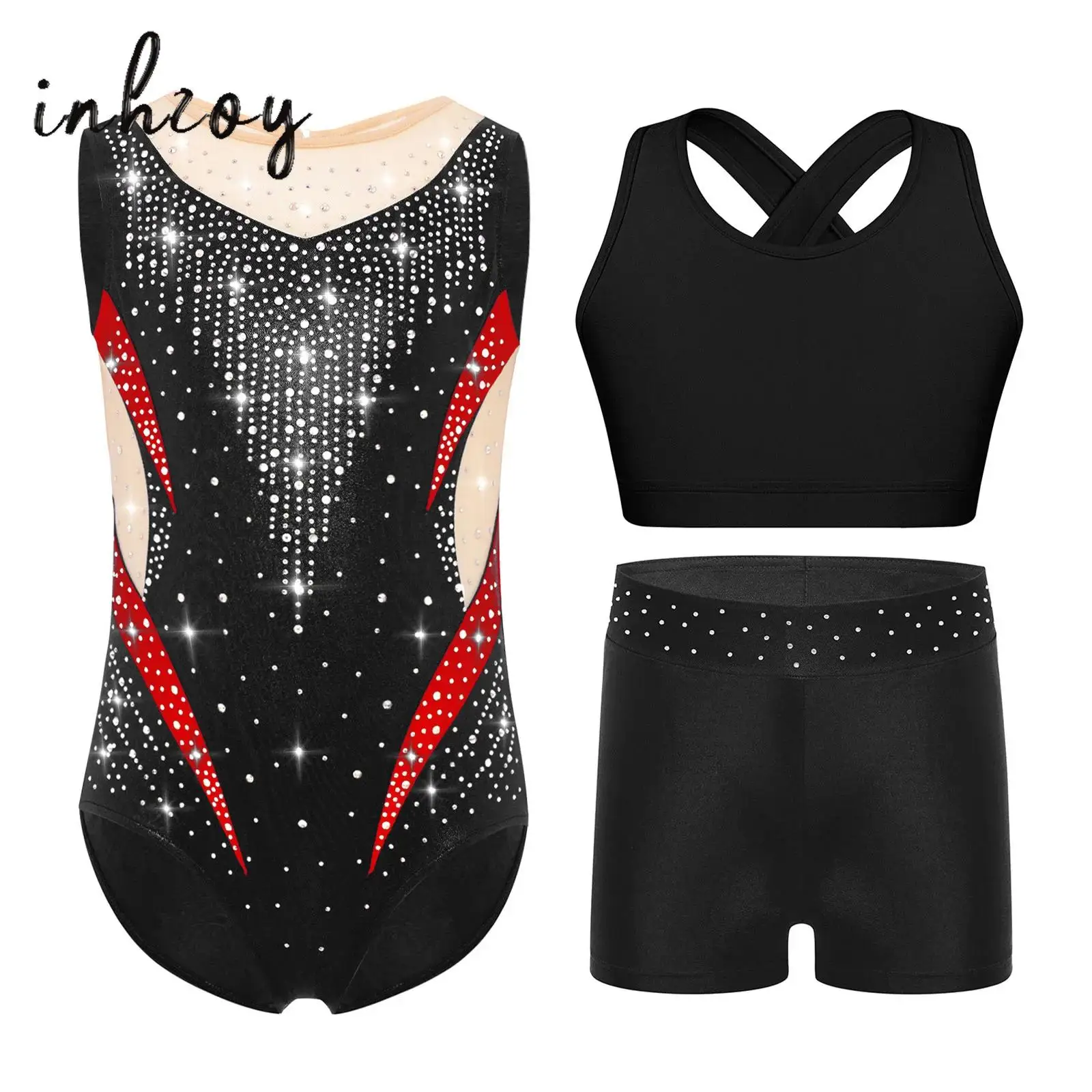

Kids Girls Gymnastics Figure Skating Dance Outfit Sleeveless Sheer Mesh Patchwork Shiny Rhinestones Metallic Leotard+Vest+Shorts