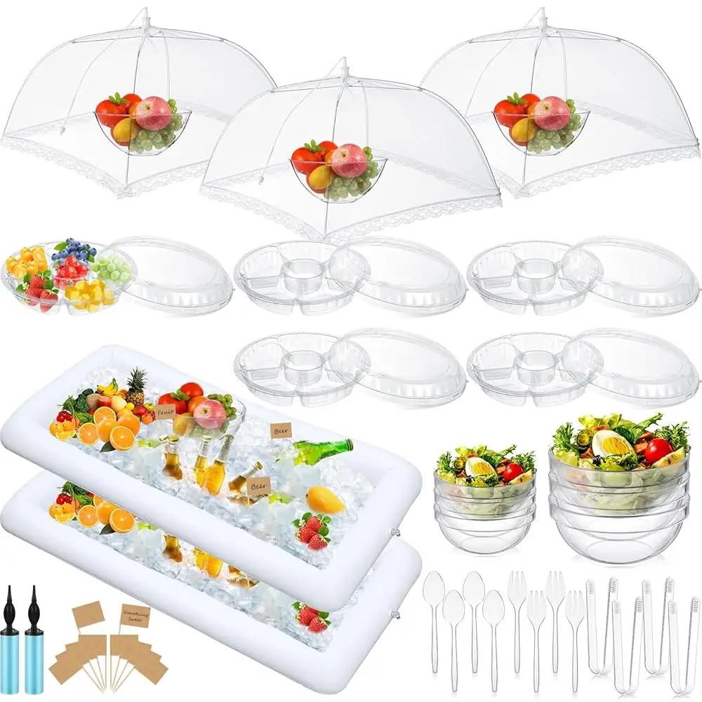 

128 Pcs Inflatable Cooler For Parties 2 Inflatable Serving Bars Buffet Cooler For Parties 3 Food Cover 6 Salad Bowl 12 Serving