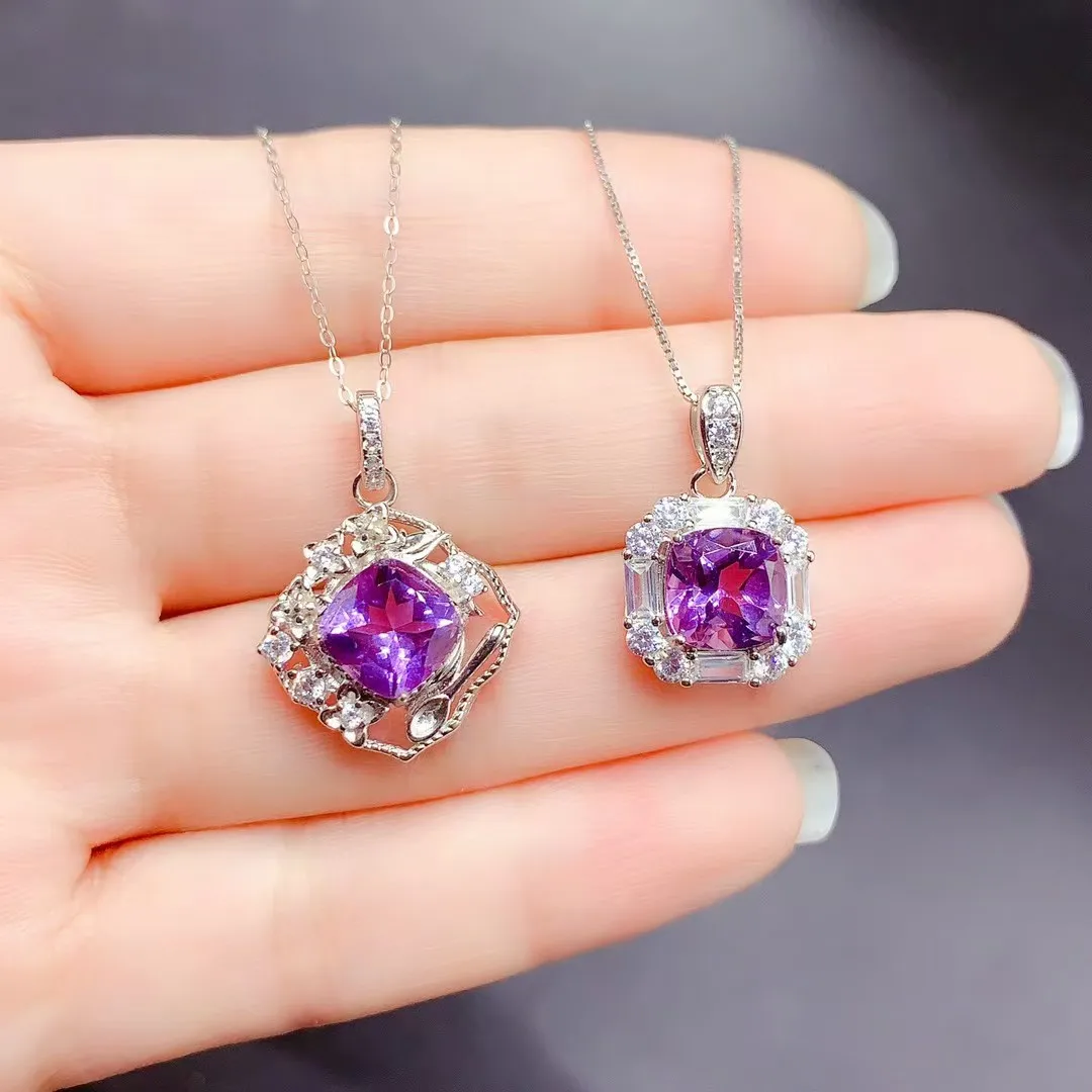 

Dazzling 925 Silver Crystal Pendant 8mm 2ct Natural Amethyst Pendant 18K Gold Plated Amethyst Silver Jewelry