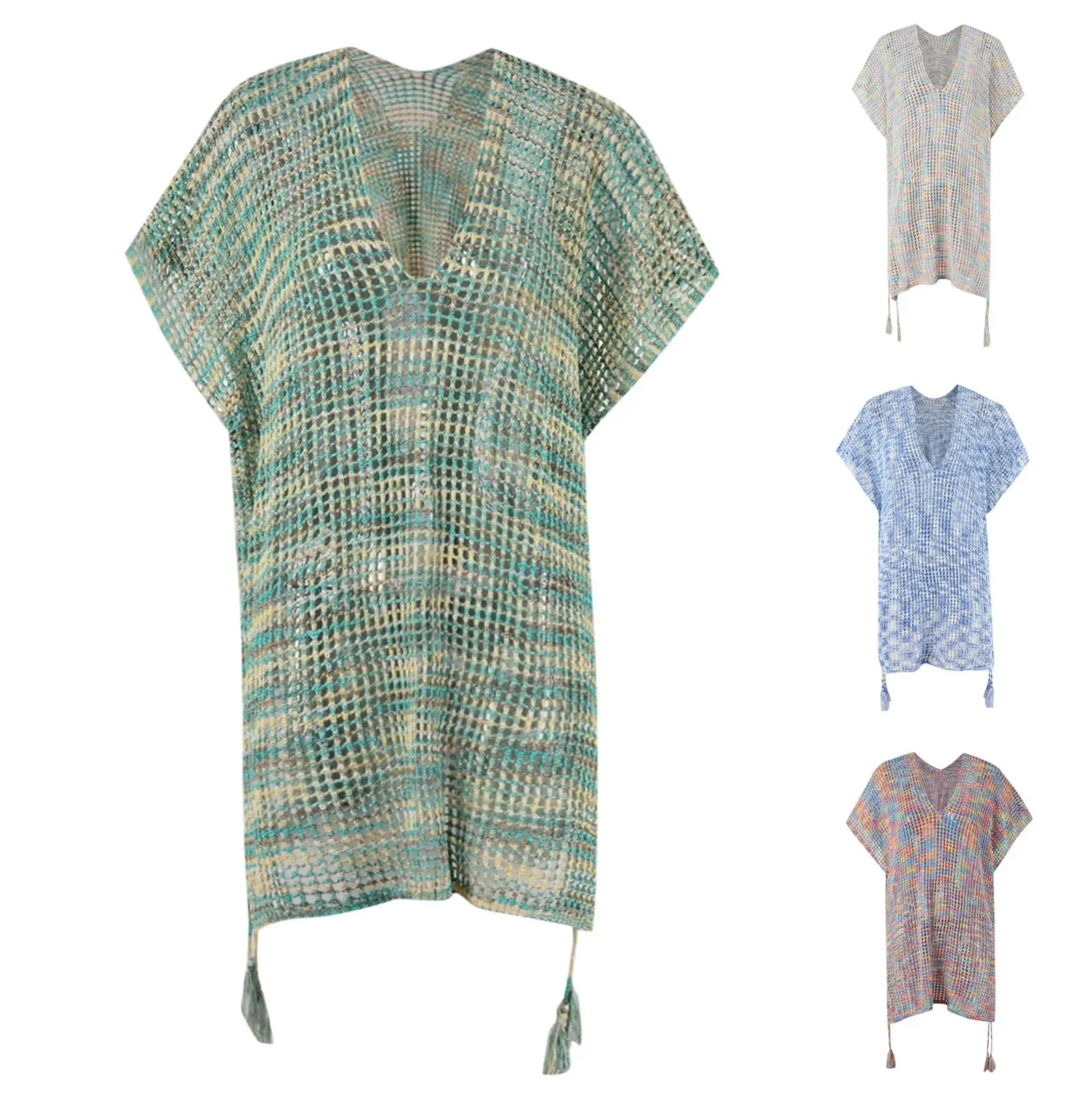 ファッションルーズ巾着ビーチカバーアップ中空ニットローネックビキニカジュアルプルオーバーメッシュ休暇水着女性 2024