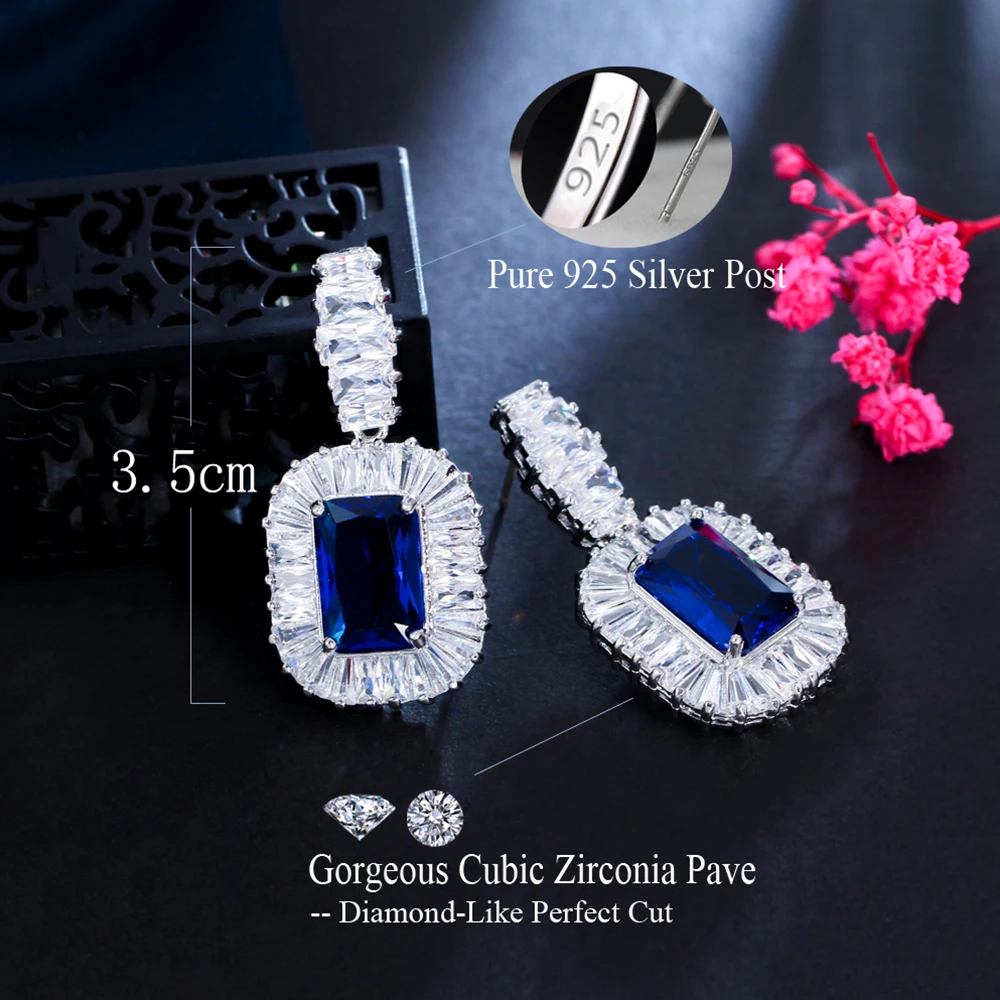 BeaQueen High Quality Shiny Blue White Cubic Zirconia Big Square Dangle Drop Earrings for Women Wedding Bridal Jewelry Gift E580