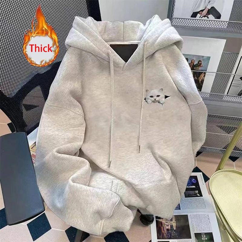 Cute Cat Thick Hoodies Women Fall Winter Warm Loose Long Sleeve Soft Tops Coats Vintage Lady Casual Preppy Style Kawaii Pullover
