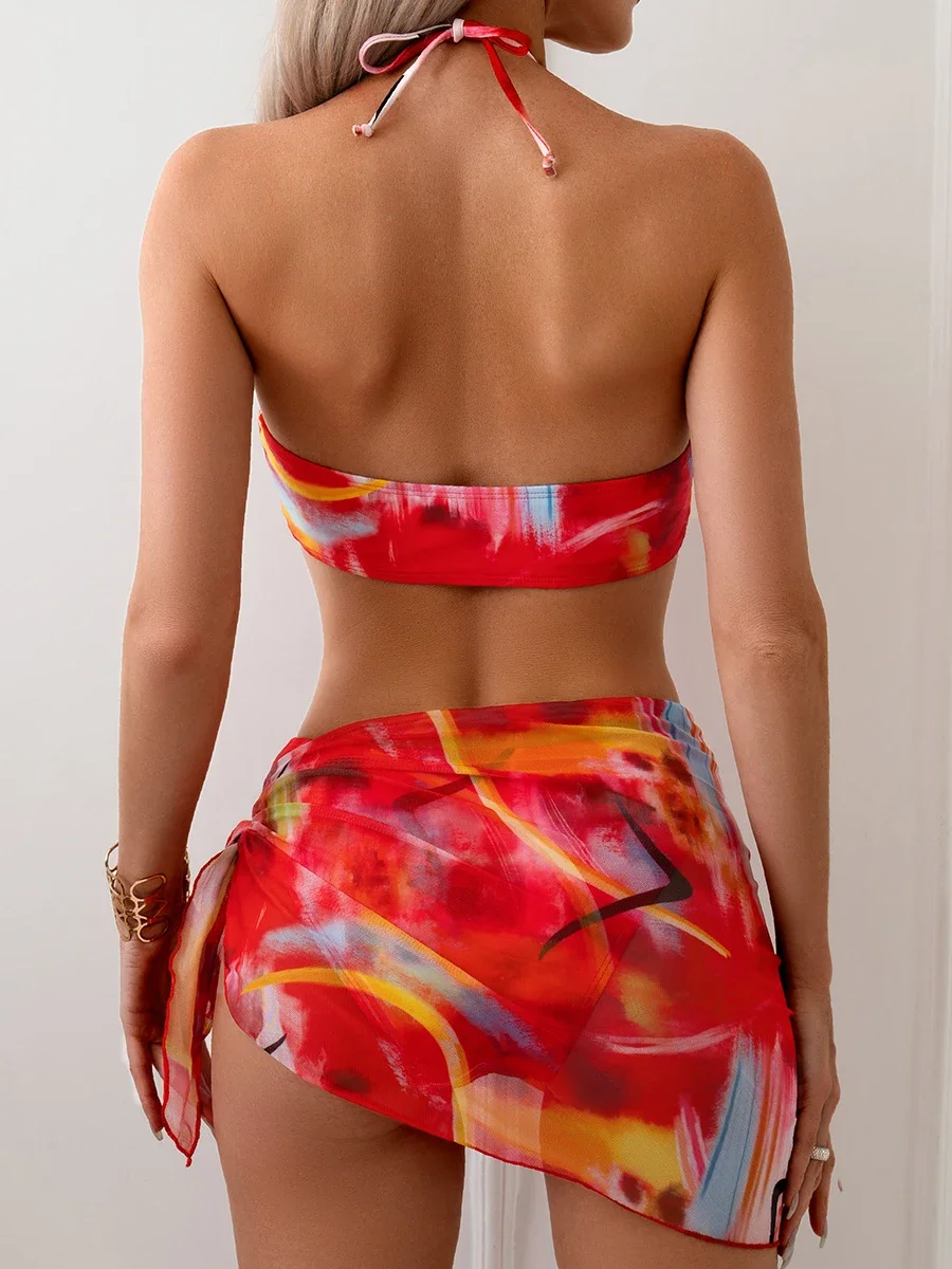 Bikini Set for Women Tie-dye Print Cover-ups Swimsuit Sexy Halter Backless Lace-up Swimwear Beach Vacation Bathing Suit 2025 New