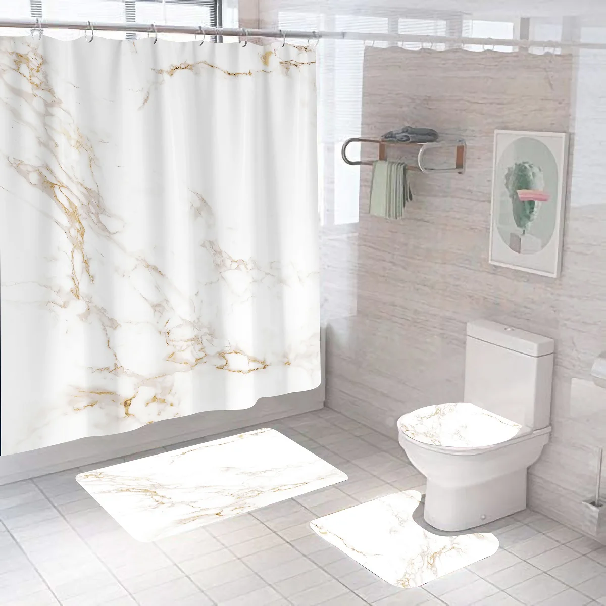 Custom Low Price Shower Curtain Set With Rust-Resistant Marble Printing Modern Peva Shower Curtain