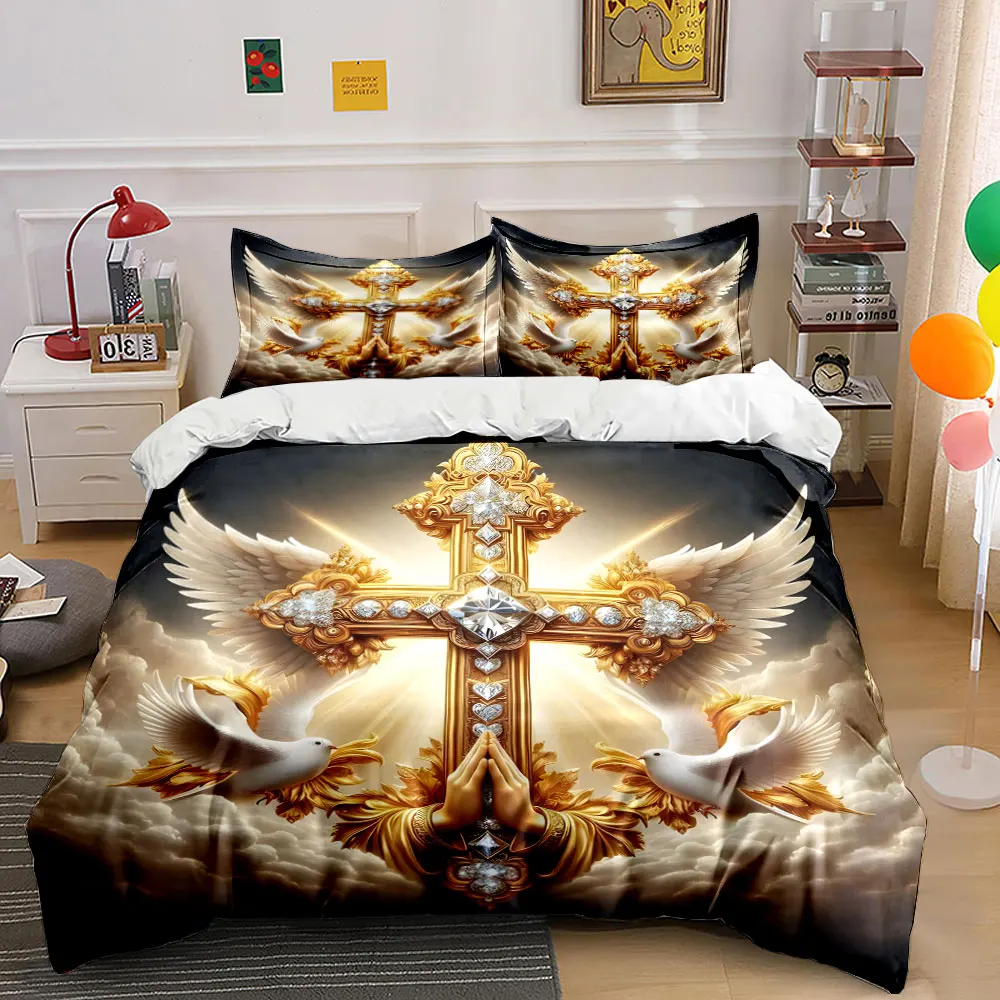 Golden cross and praying doves Bedding Set for Kids Luxury Gift 3pcs Digital Print Comforter Set Soft Comfortable Breathable