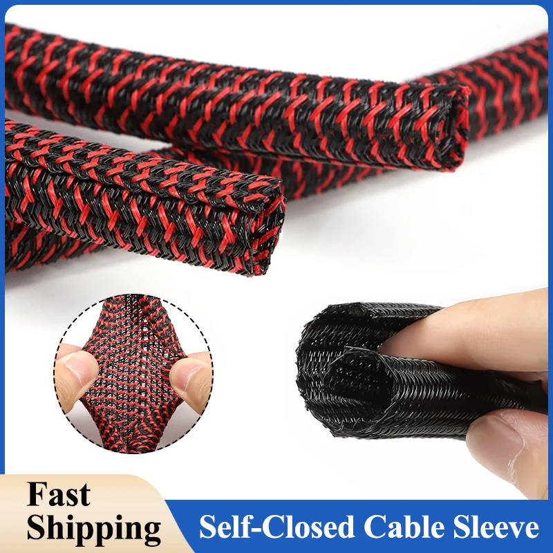 

Red Black Self-Closed Cable Sleeve 3mm ~ 50mm PET Braided Insulated Wrap Sheath Split Wire Organizer High Protection Sleeving