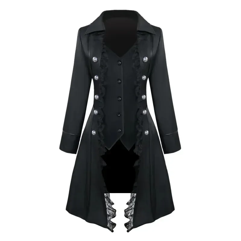 Abito medievale da donna Steampunk Pirata Costumi Cosplay Lace Trim Giacca monopetto Cappotto Abbigliamento gotico vittoriano cm;5