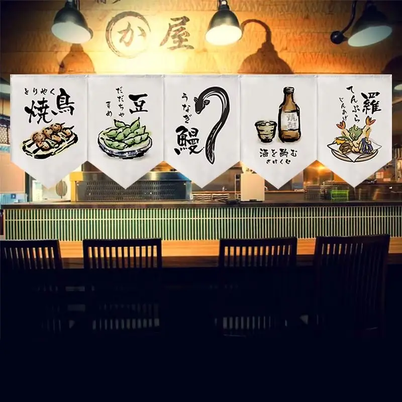 VIKAMA Traditional Japanese Fabric Triangle Flag Curtain Noren Bar Counter Partition Izakaya Kitchen Room Divider