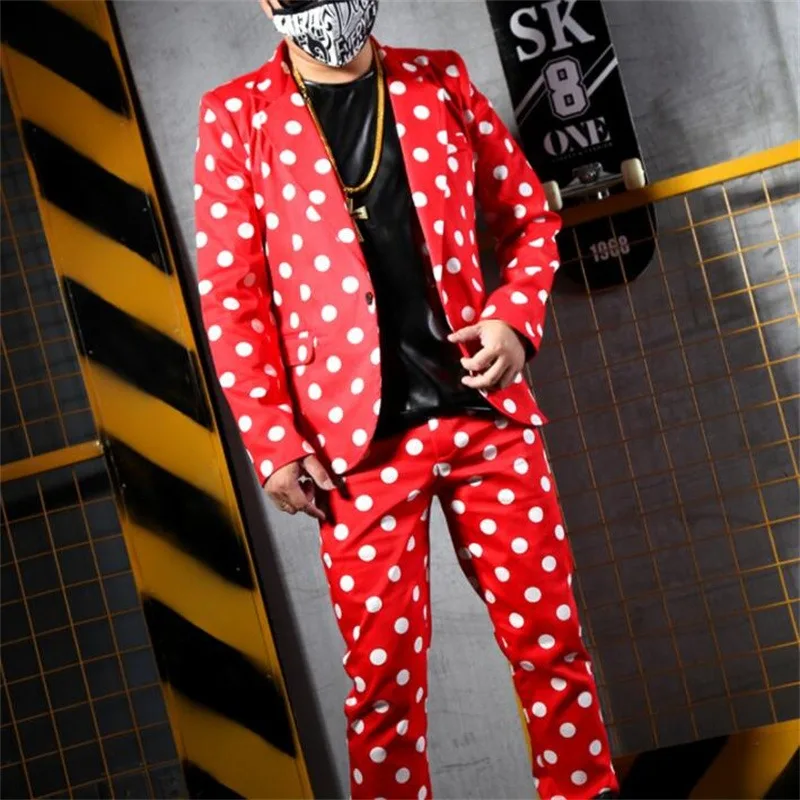 

New Wave point blazer men red suits designs jacket mens fashion coat stage costumes for singers clothes dance star style Set