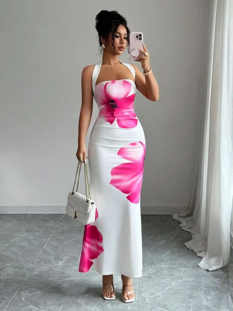 Slim Fit Hanging Neck Strapless Long Skirt Waist Cinching Elastic Hip Hugging Vacation Style Dress for Women