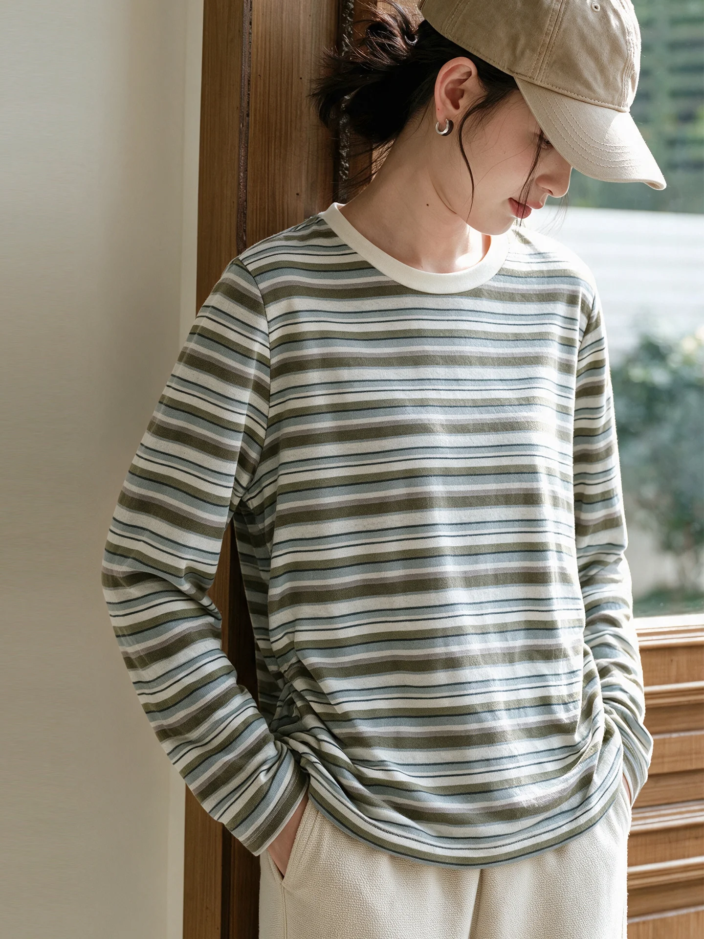 180G Combed Long Velvet Cotton Striped Long Sleeve T-Shirt Women's Base Shirt Top Casual Loose Fit round Neck Regular Length