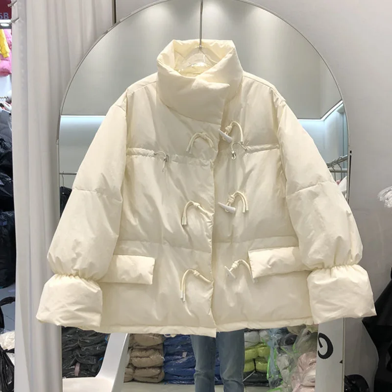 

Loose Korean Style Women's down Cotton Jacket Short Bread Style Coat Button Closure Thickened Long Sleeve Regular Fit