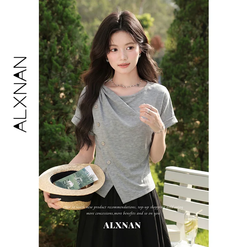 ALXNAN Grey Cuffed Short Sleeve T-shirt Square Neck Dark Button Detail Irregular Slit Hem Tees Elegant Slim Women Tops L673102A