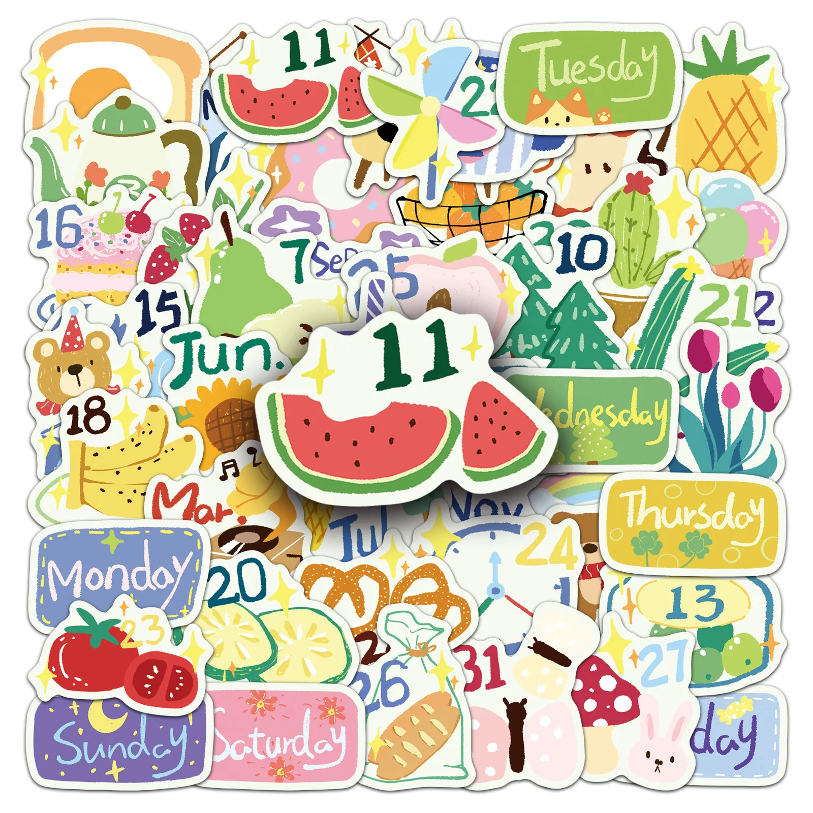 50 PCS Cartoon Cute Hand Drawn Fruit&Animal&Digit Graffiti Stickers Decorate Scrapbook Water Cup Fridge Luggage Vinyl Decals