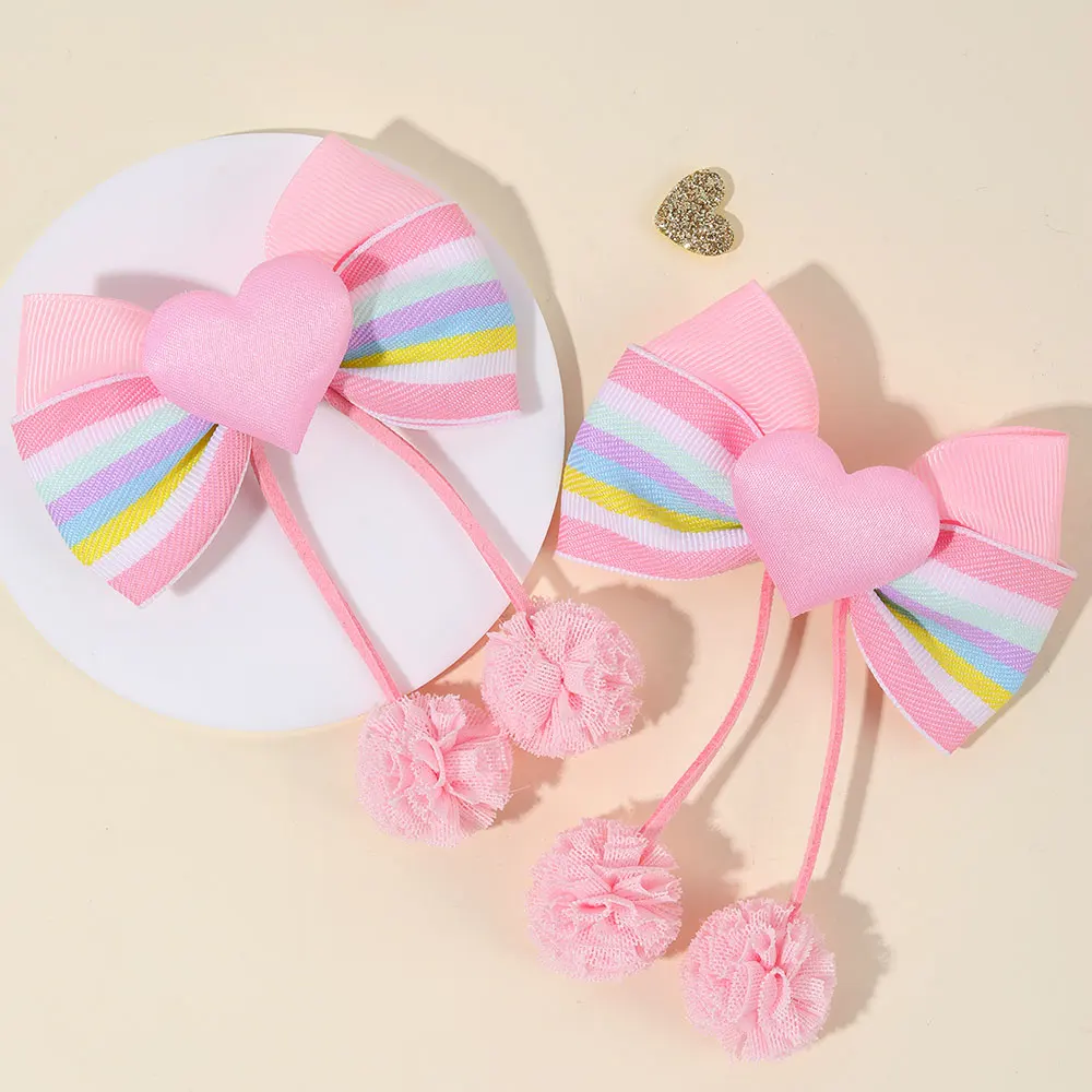 2Pcs Pink Ribbon Bow Hair Clip For Girls Sweet Love Heart Hairpins Long Tassel Ponpom Ball Barrettes Kids Handmade Headwear