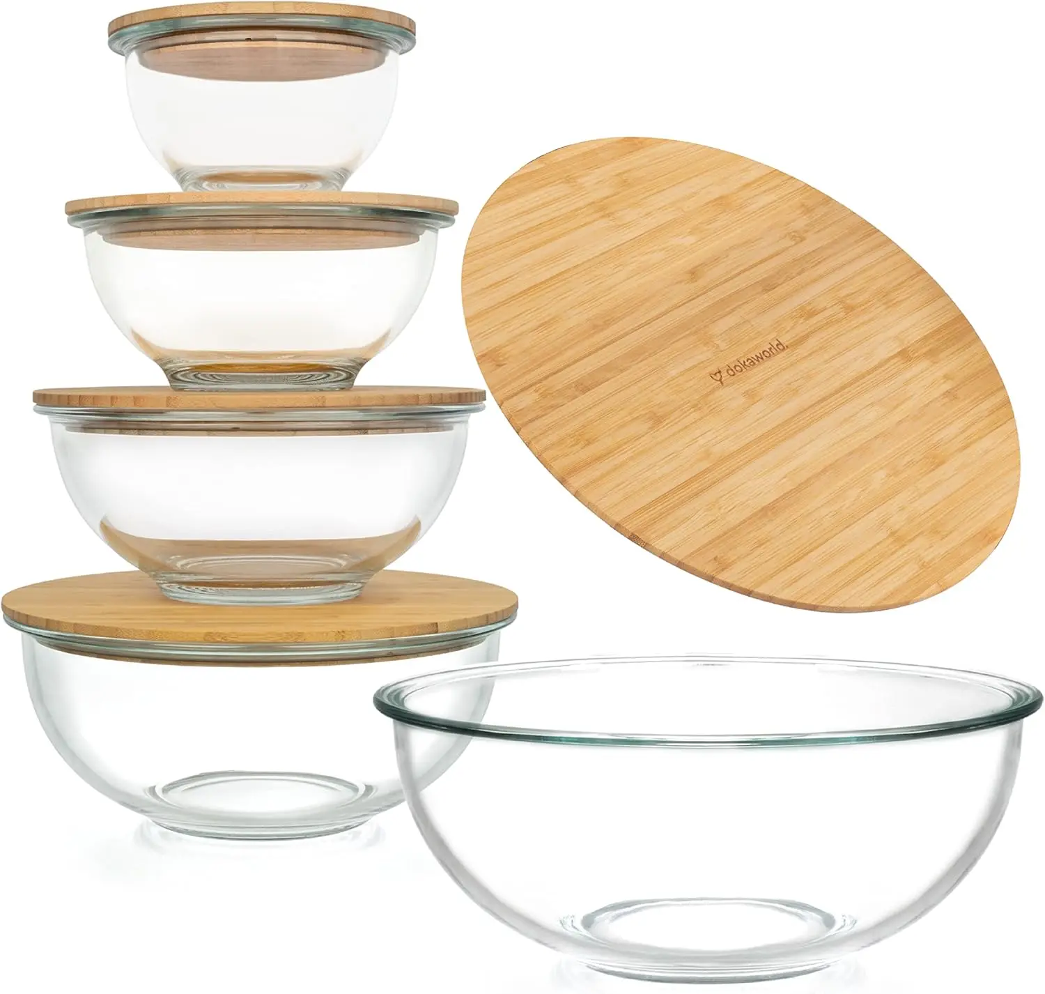 

5-Piece Nesting Glass Bowls with Bamboo Lids, Stackable for Space-Saving Food Prep, Storage & Cooking, Microwave & Oven Safe