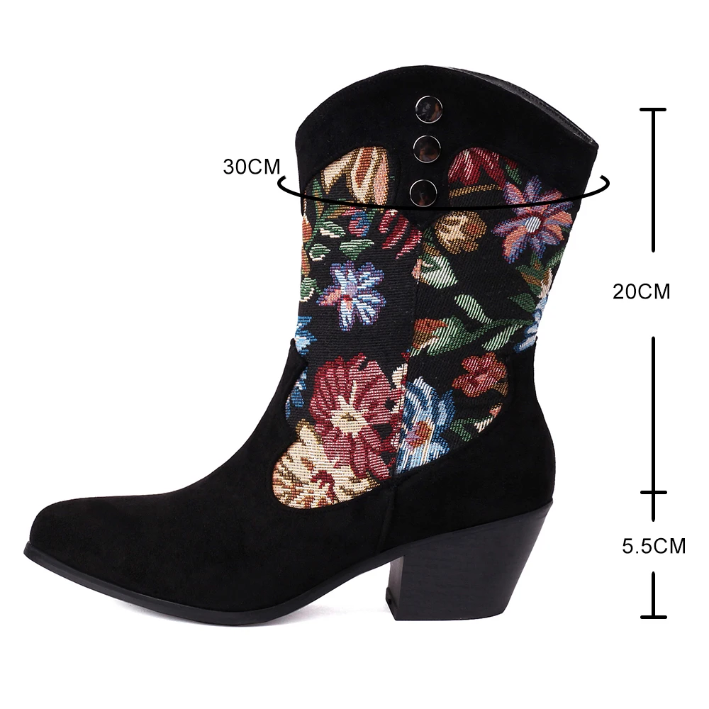 Ethnic Style Womens Boots Flower Totem Western Chunky Heel Ankle Boot Vintage Pointed Toe Slip On Casual Booties Shoes Feminina