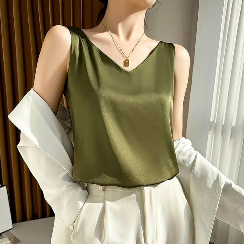 

Silk Vest for Women Summer Minimalism V-neck Vintage Solid Casual Sleeveless Tops Basic Korean Style Tight Tanks Women Clothing