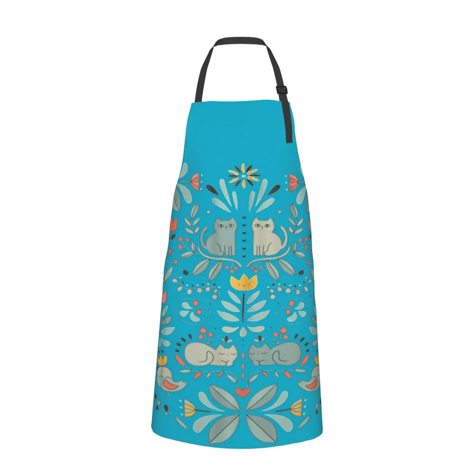 Funny Cats Birds And Flowers Kitchen Chef Apron, Adjustable Waterproof Apron With 2 Pockets, Used For Barbecue And Cooking